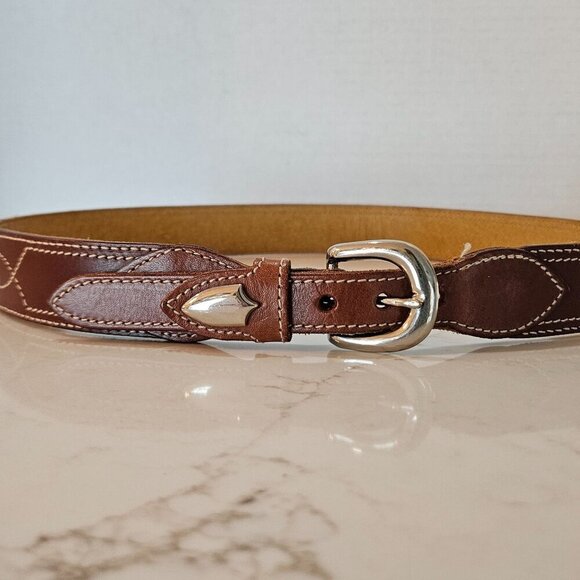 Cinderella Brown Leather Belt With Silver Buckle & Contrast Stitching M/L Size - Picture 3 of 9